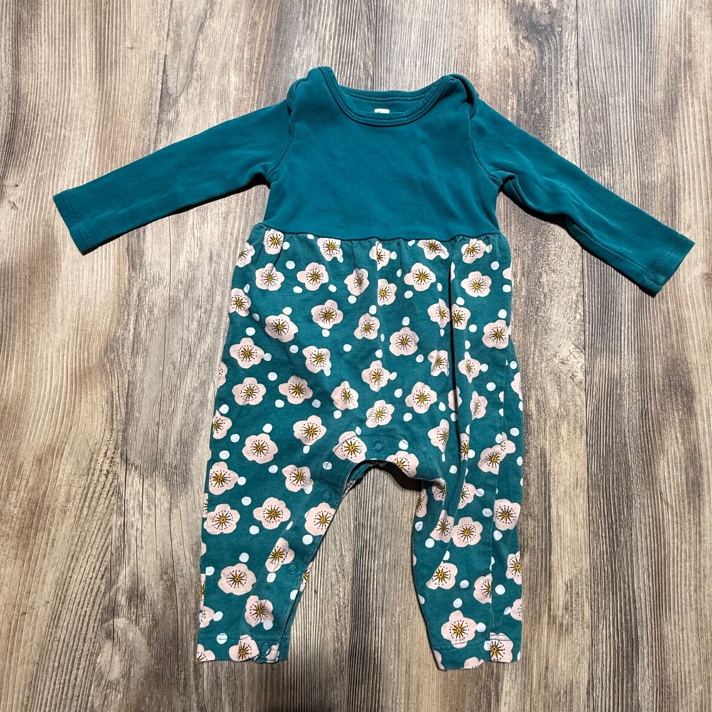 Tea Collection Baby Girls Teal Floral Polka Dot Long Sleeve Romper 3-6 Months